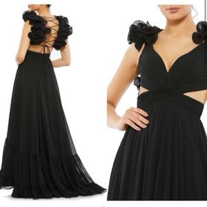 Rosette chiffon cut out empire waist gown in black